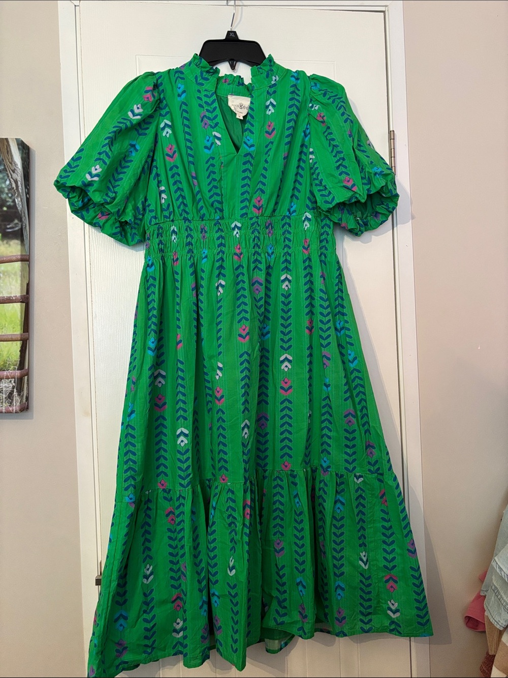 Umgee Green Midi Dress with Blue and Pink Pattern - Picture 1 of 3